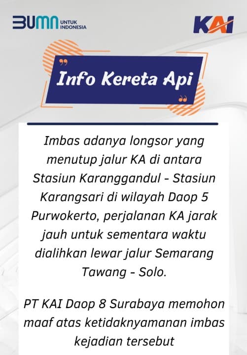 Imbas Longsor Di Daop 5 Purwokerto, Perjalanan KA Argo Semeru dan Ranggajati Alami Perubahan Rute