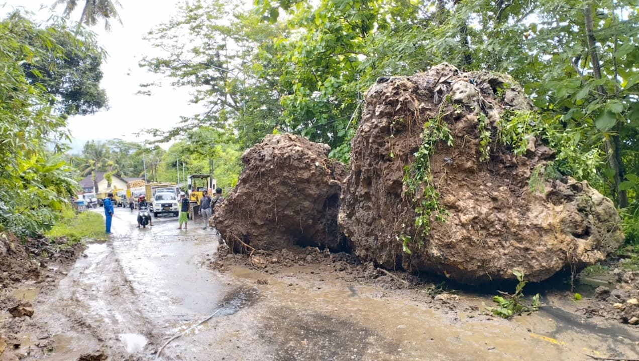 Hujan Deras, Batu Besar Longsor Tutup Jalan Nasional di Pacitan