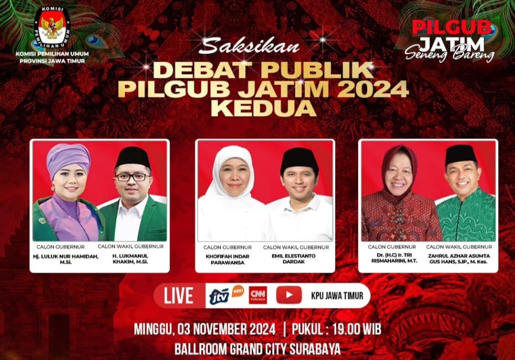 Disiarkan JTV, Debat Publik Kedua Pilgub Jatim 2024 Digelar Malam Ini