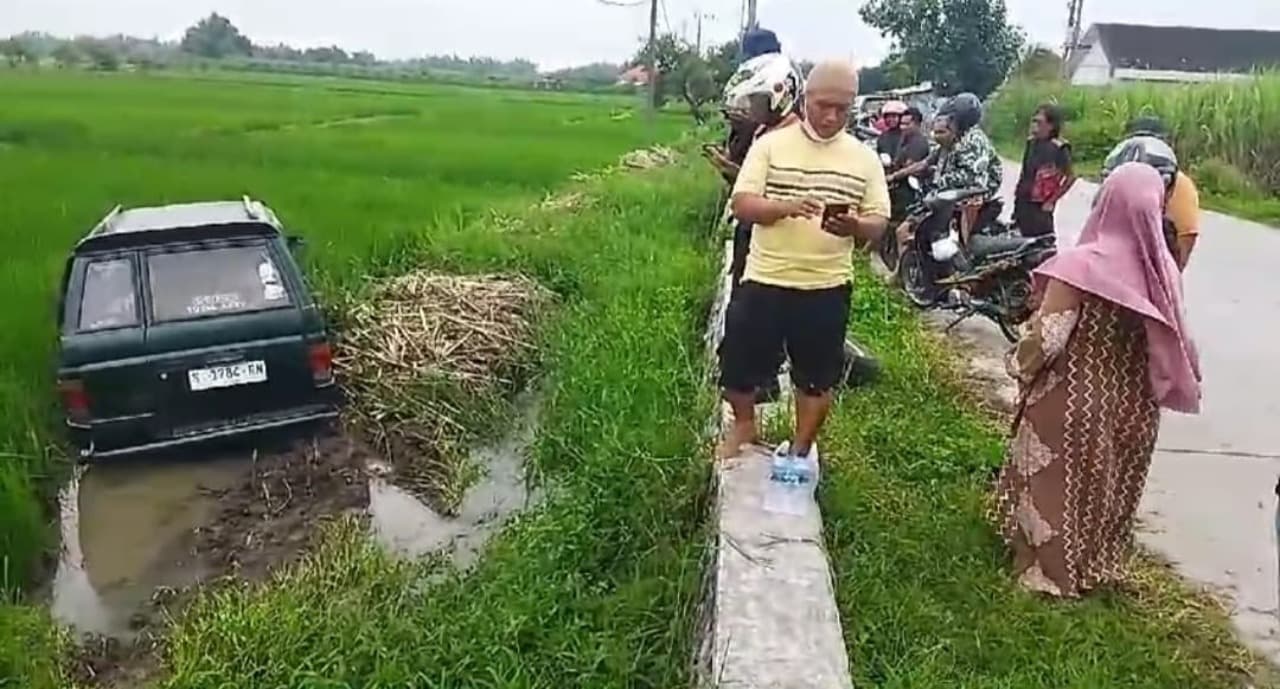 Ban Lepas, Mobil Isuzu Panther Terjun ke Sawah di Puri Mojokerto