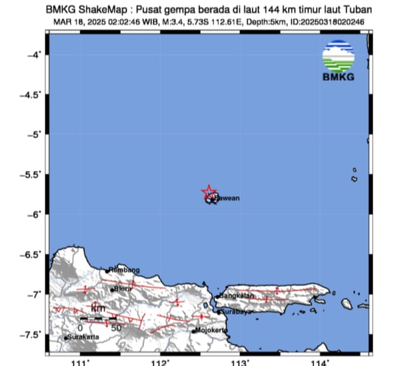 Gempa M3,4 Guncang Bawean Selasa Dini Hari