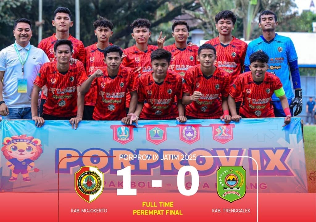 Kalahkan Trenggalek, Tim Sepak Bola Putra Kabupaten Mojokerto Lolos ke Semifinal Porprov