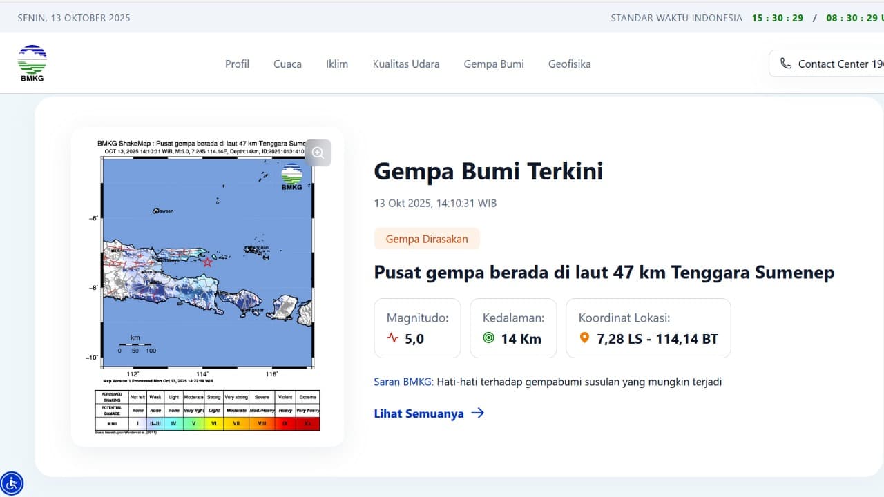 Gempa Magnitudo 5,0 Guncang Sumenep, Terasa Hingga Kota Malang