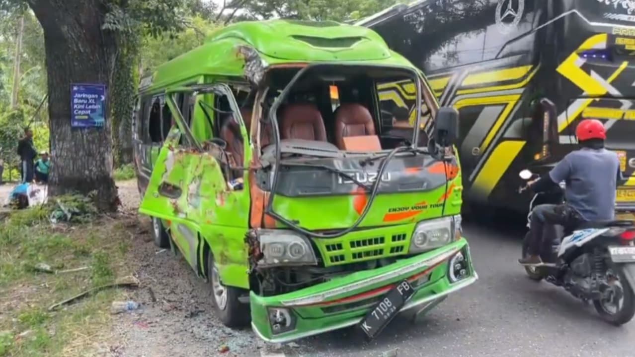 Tabrak Pemotor yang Hendak Menyebrang, Minibus Oleng Hantam Pohon