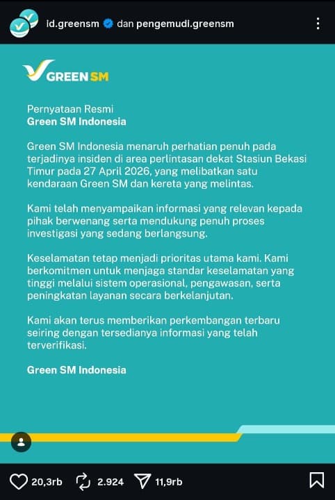 Green SM Sampaikan Pernyataan Resmi Usai Kecelakaan Maut di Bekasi, Kolom Komentar Ditutup
