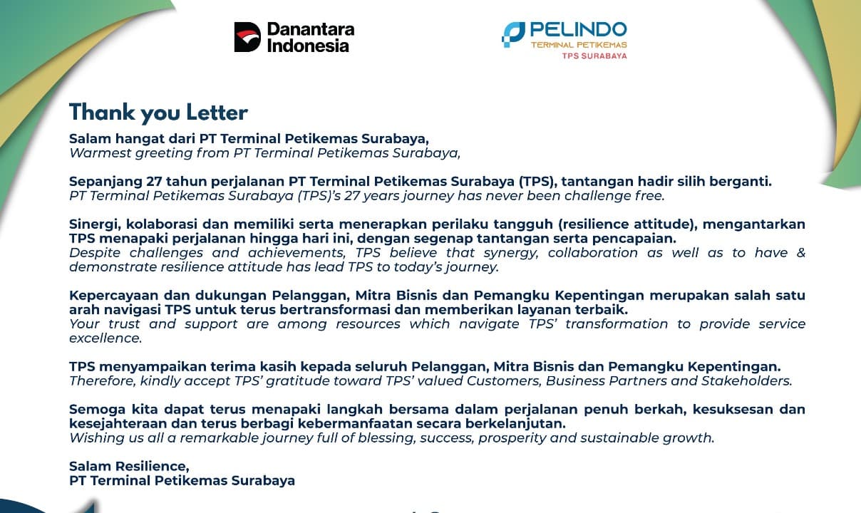 Rayakan HUT ke-27, PT Terminal Petikemas Surabaya Usung Tema 'Resilience' dan Kampanyekan Ucapan Digital Ramah Lingkungan