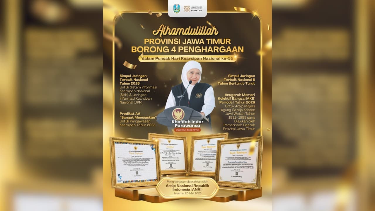 Jatim Borong Empat Penghargaan di Hari Kearsipan Nasional ke-55, Gubernur Khofifah: Arsip Jadi Fondasi Menuju Indonesia Emas 2045