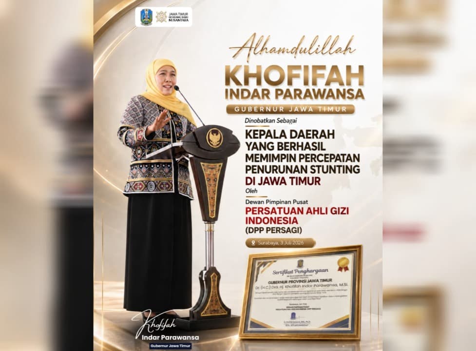 Berhasil Turunkan Prevalensi Stunting Jatim, Gubernur Khofifah Terima Penghargaan dari Persatuan Ahli Gizi Indonesia