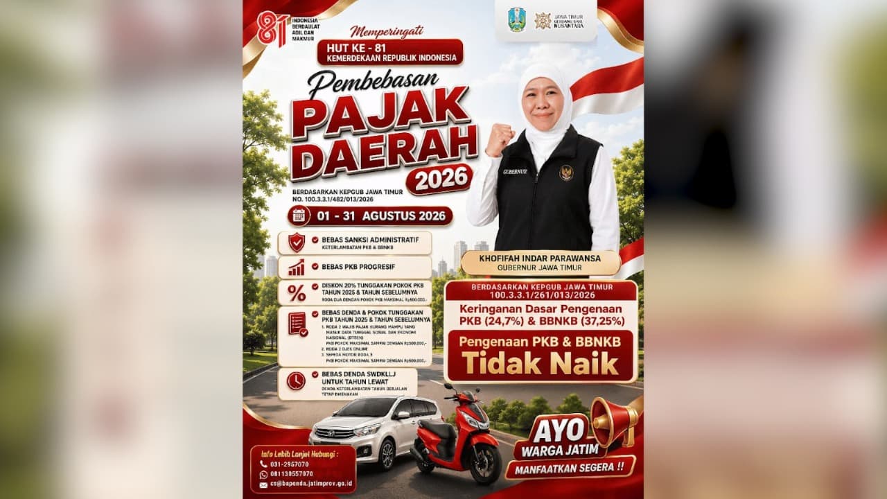 Sambut HUT ke-81 RI, Gubernur Khofifah Bebaskan Pajak Daerah Selama Agustus 2026