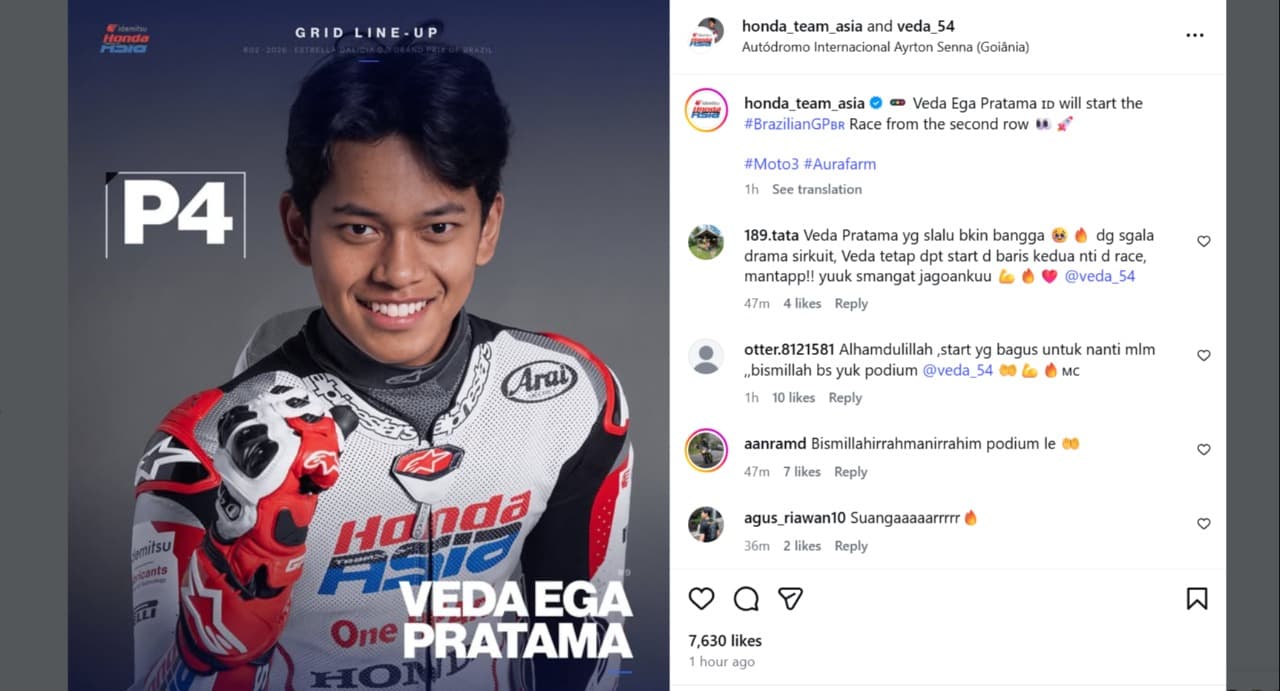 Dukungan Netizen Banjiri Instagram Veda Ega Jelang Moto3 GP Brasil