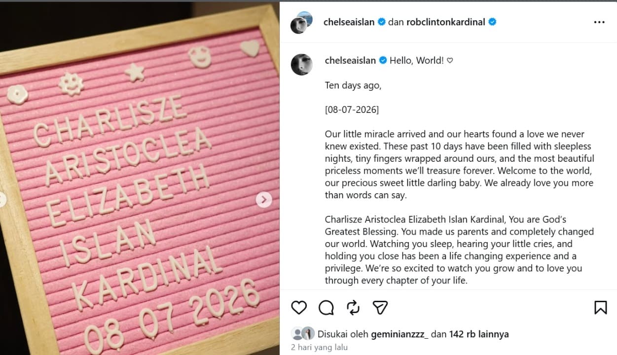 10 Hari Pascapersalinan, Chelsea Islan dan Rob Clinton Resmi Umumkan Kelahiran Putri Pertama