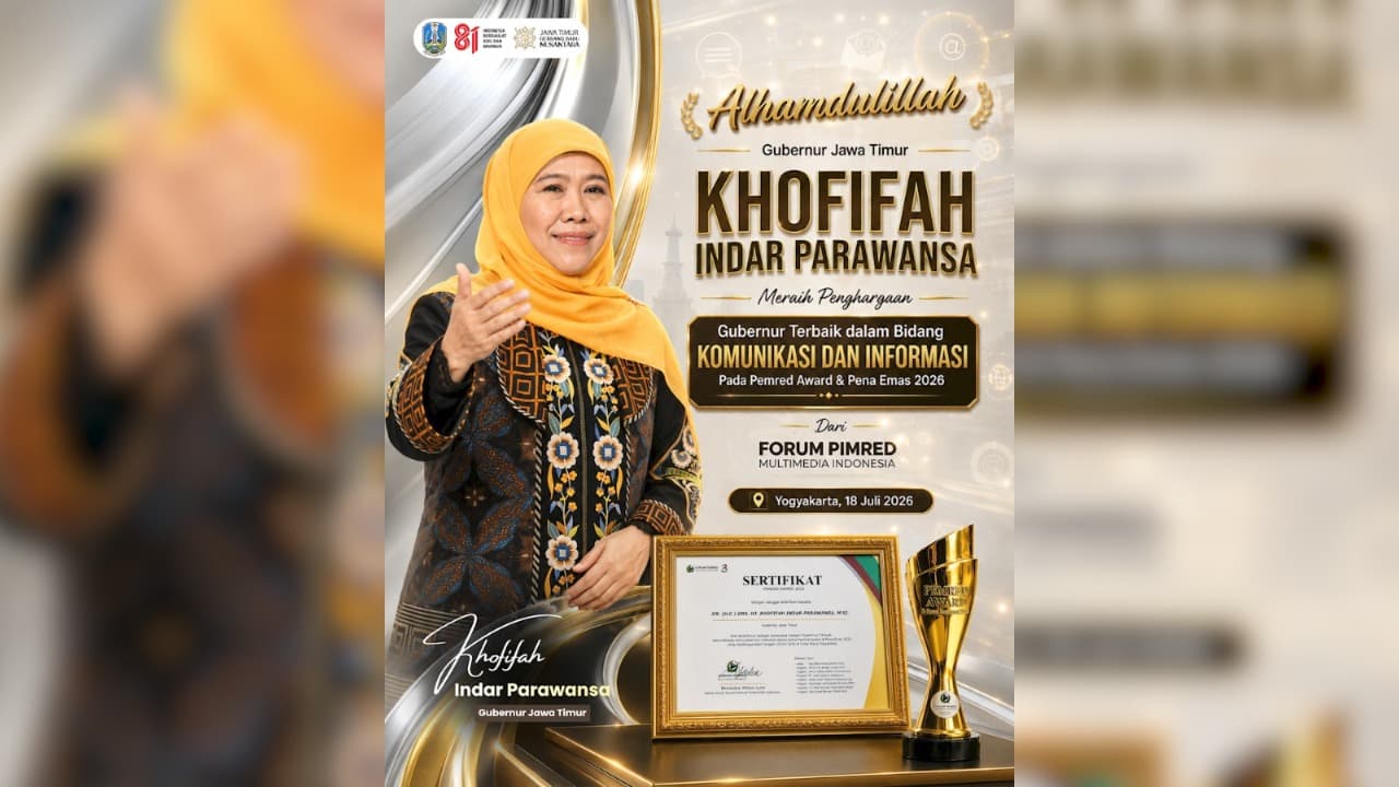 Gubernur Khofifah Raih Penghargaan Pimred Award 2026 Kategori Komunikasi dan Informasi Publik