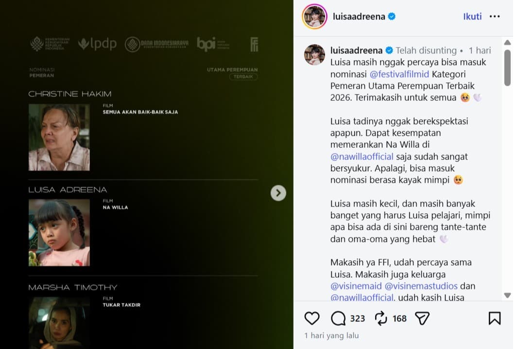 Pecahkan Rekor FFI! Bintang Cilik Luisa Adreena Jadi Nomine Termuda Pemeran Utama Perempuan Terbaik di Usia 7 Tahun