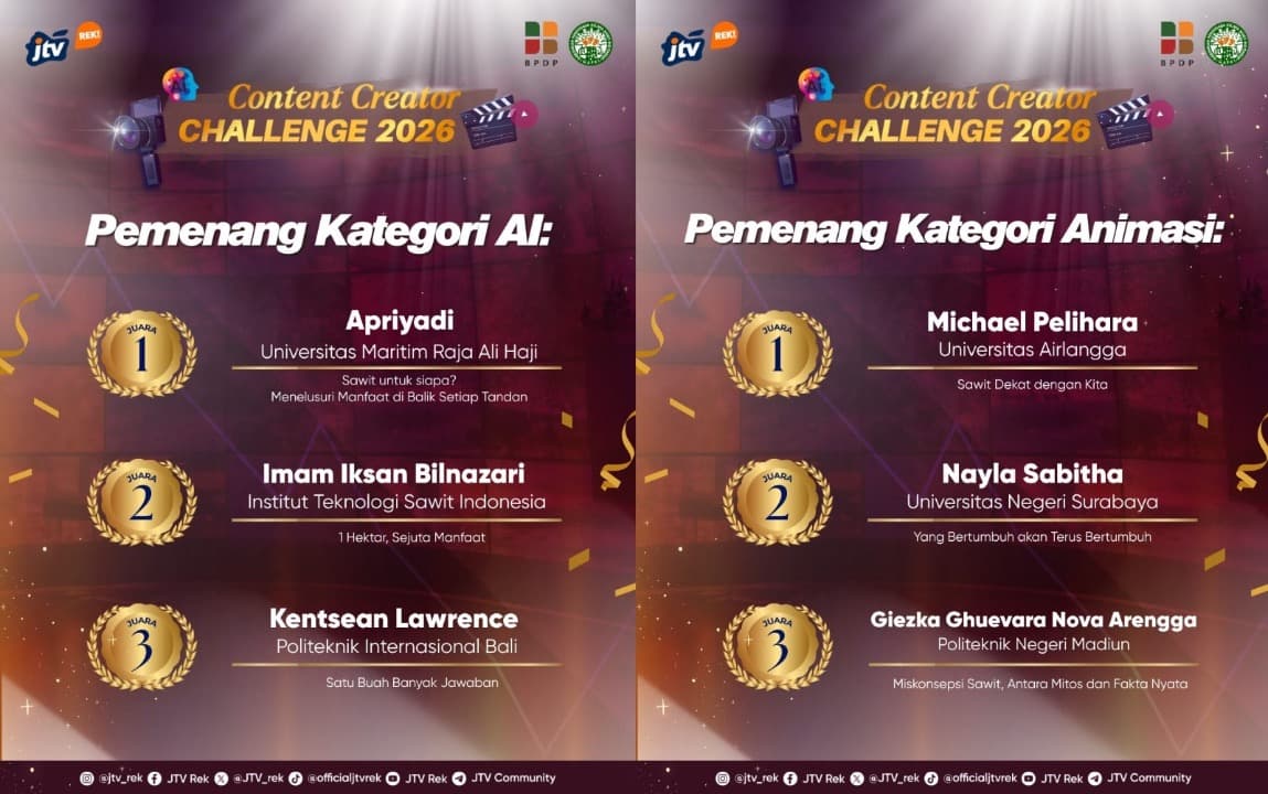 Didukung BPDP dan GAPKI, Inilah Daftar Pemenang Content Creator Challenge 2026 Kategori AI dan Animasi !